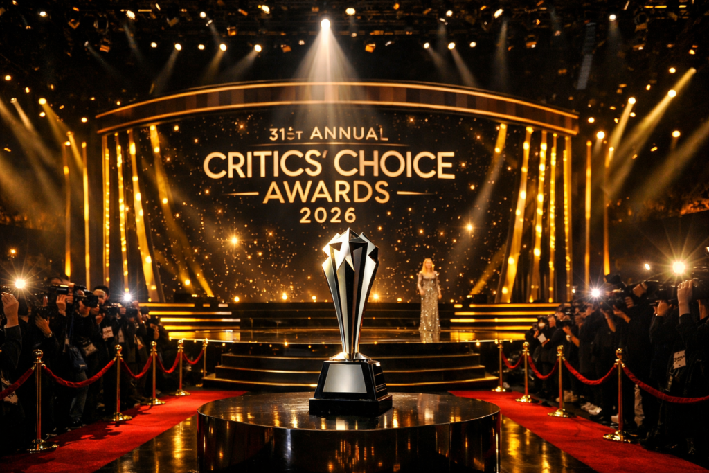 31st Annual Critics Choice Awards 2026 stage at Barker Hangar in Santa Monica with spotlight on trophy