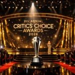 31st Annual Critics Choice Awards 2026 stage at Barker Hangar in Santa Monica with spotlight on trophy