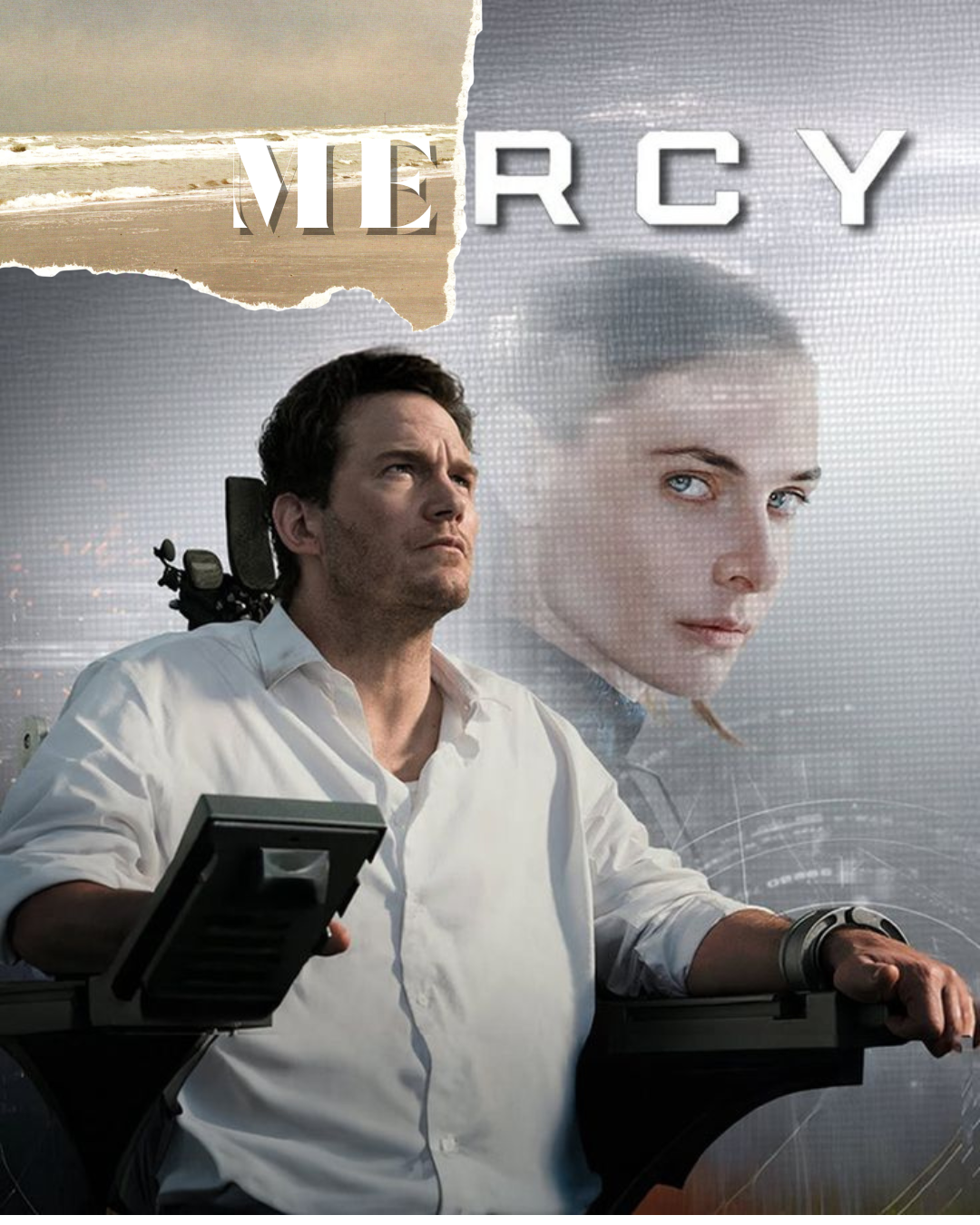 Mercy 2026 sci-fi thriller movie poster featuring Chris Pratt in a futuristic AI-controlled justice system