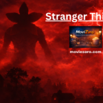 Stranger Things Season 5 inspired dark red sky with lightning and a mysterious monster silhouette over a small town