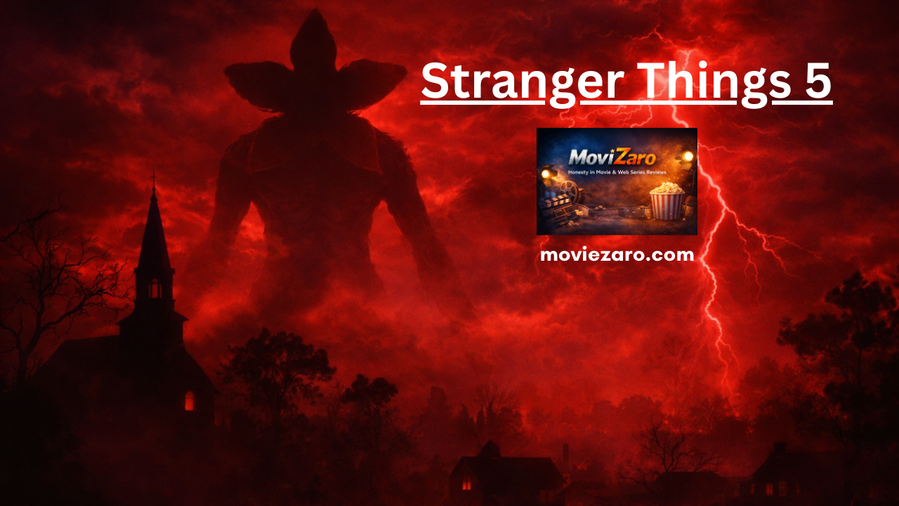 Stranger Things Season 5 inspired dark red sky with lightning and a mysterious monster silhouette over a small town