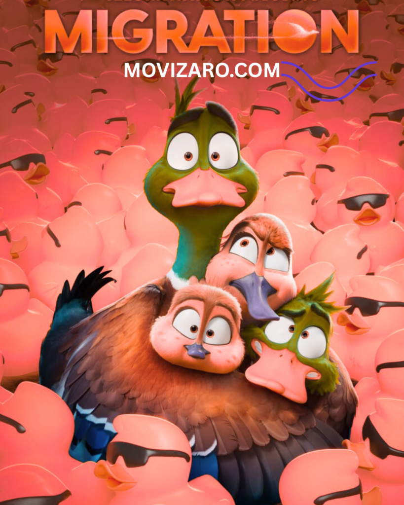 Migration animated movie showing a duck family flying together on a beautiful adventure journey