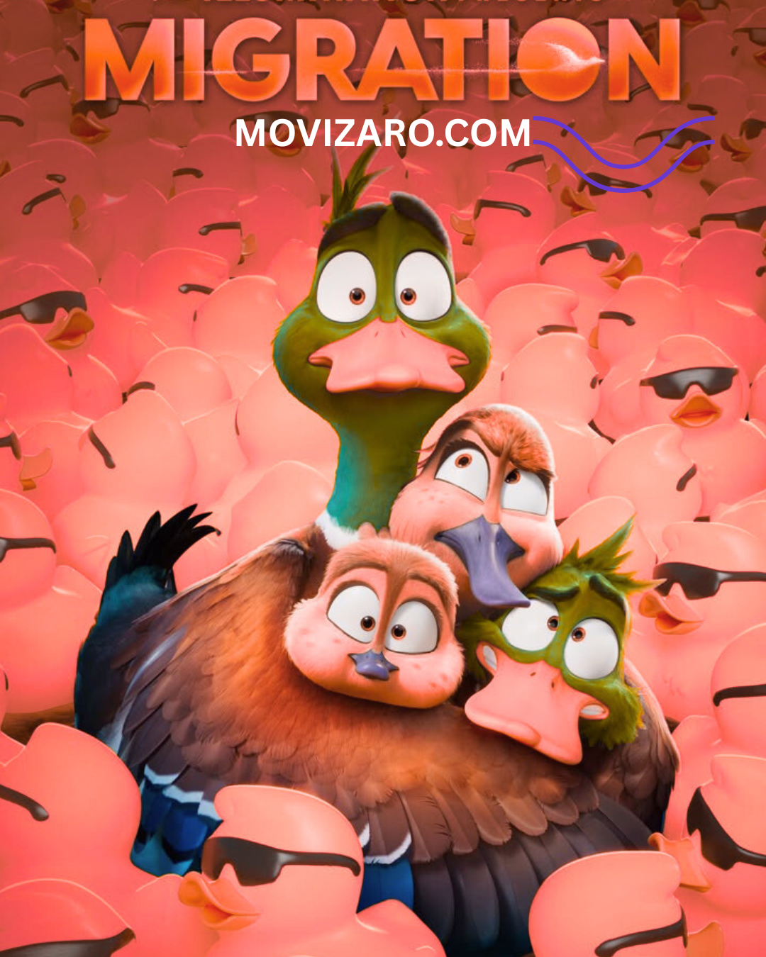 Migration animated movie showing a duck family flying together on a beautiful adventure journey