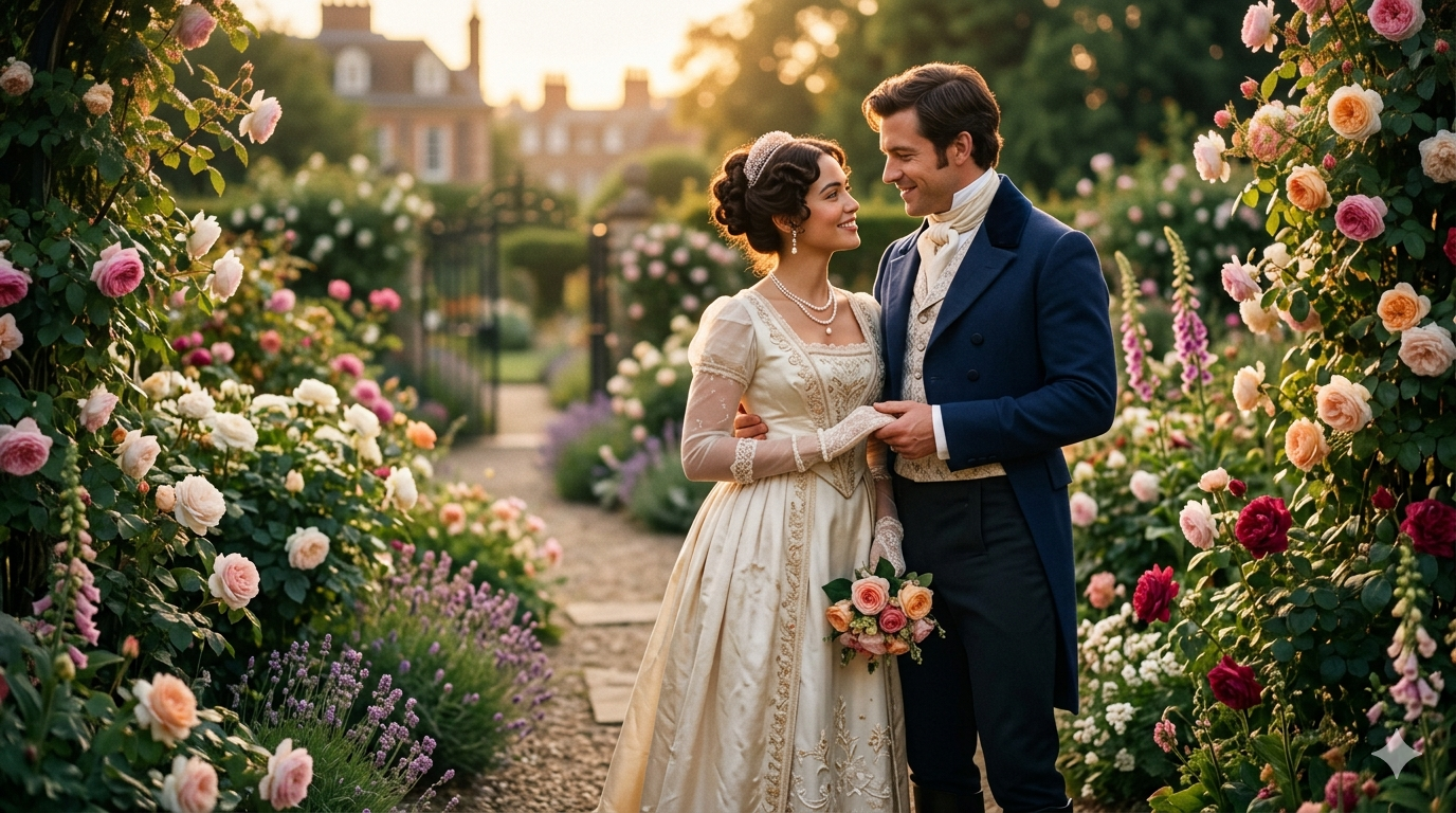 Bridgerton Season 3 romantic couple in garden